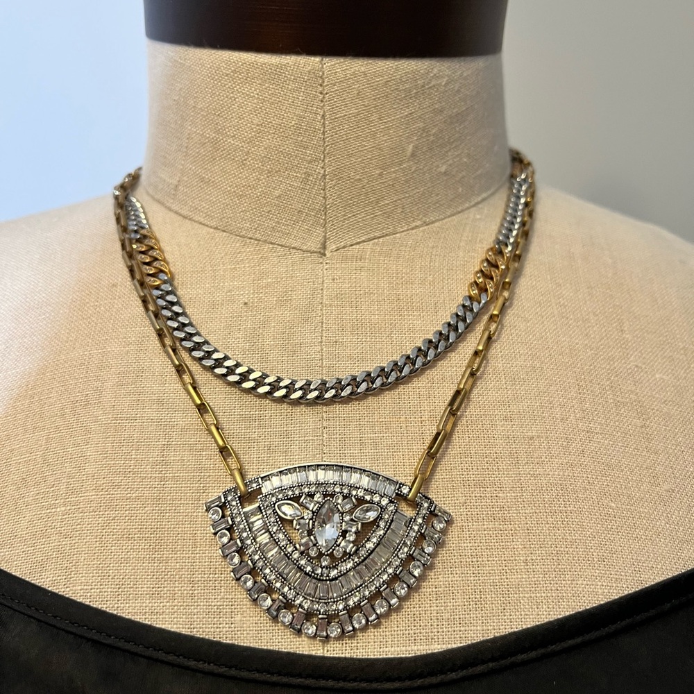 Stella & Dot Two-Tone Gold and Silver Layered Necklace with Crystal Fan Pendant